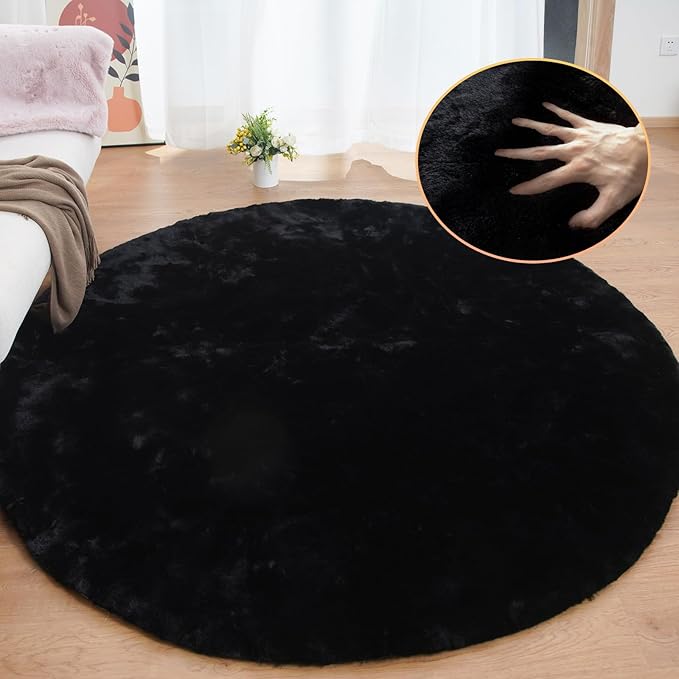 Round Rugs 6ft Faux Rabbit Fur Rug Fluffy Rug for Bedroom Black Faux Fur Machine Washable Area Rugs Living Room Teen Room Home Decor