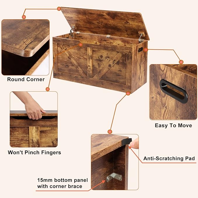Timberer 39.4" Storage Chest, Wooden Storage Bench, Large Storage Trunk with 2 Safety Hinges, Entryway Shoes Bench for Living Room, Bedroom, Rustic Brown
