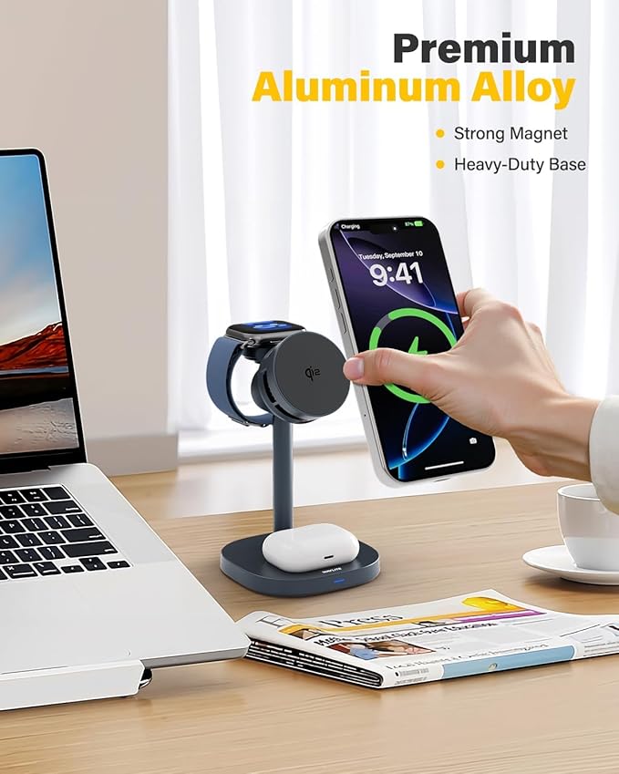 3 in 1 Wireless Charging Station for Apple MagSafe Charger Stand,15W Qi2 Fast Phone and Watch Charger with TEC Cooling, Magnetic Wireless Charger for iPhone17 16 15 14 13, Apple Watch, AirPods, Gray