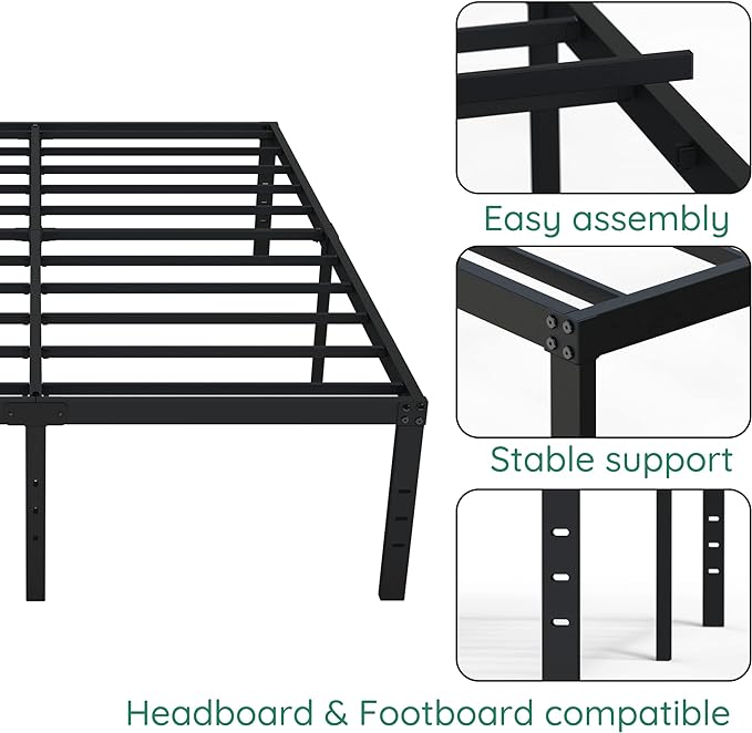 18 Inch Queen Bed Frame Heavy Duty Metal Platform No Box Spring Needed, Maximum Storage, Easy Assembly, Noise Free, Black