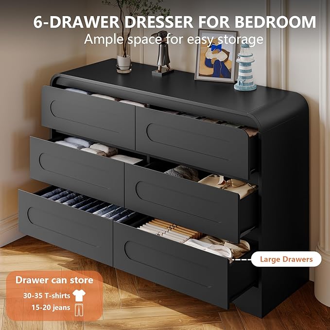 6 Drawer Dresser with Extendable Table, L-Shaped Desk Vanity Combo, 47" Wood Dresser & Chest of Drawers, Modern Closet Clothes Storage Dressers Organizer for Bedroom Living Room Hallway, Black