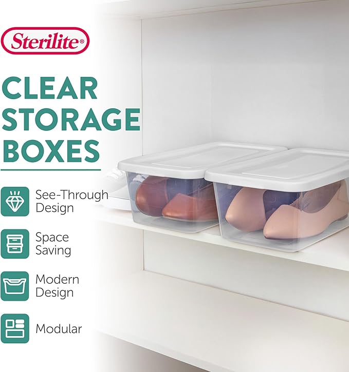 Sterilite 12-Pack 6 Quart Storage Boxes, Stackable Clear Plastic Bins with Snap-On Lids – Heavy-Duty Organizing Containers for Closet, Bathroom, and Office
