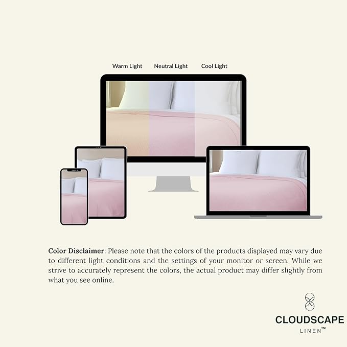 Cloud Scape Linen 100% Cotton Blanket 92x92 Seashell Pink - Cozy Herringbone Weave, Fits Up to for Full Size Beds, Breathable Softness, All-Season Warmth, Winter Blanket, for Women