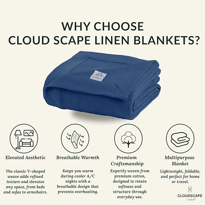 Cloud Scape Linen 100% Cotton Throw Blanket 50x70 Ensign Blue, Luxury All-Season Warmth, Ultra Soft, Oversized Herringbone Gauze Blanket for Winter, Bed, Couch & Sofa Decor, Best Gift Idea