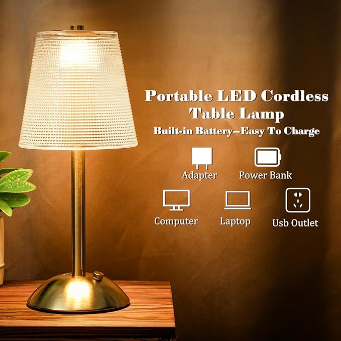 Liliful 2 Pcs Cordless Table Lamp Rechargeable Touch LED Small Gold Portable Battery Operated USB-c Desk Lamp 3 Color Dimmable for Bedroom Living Room Dining (Gold,Retro Style)