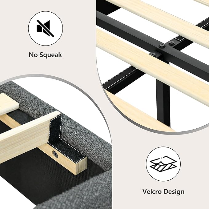 Full Size Bed Frame, Boucle Upholstered Platform Bed Frame with Headboard, Grey Bed Frame, Soft Rounded Corners, No Box Spring Required, Easy Assembly