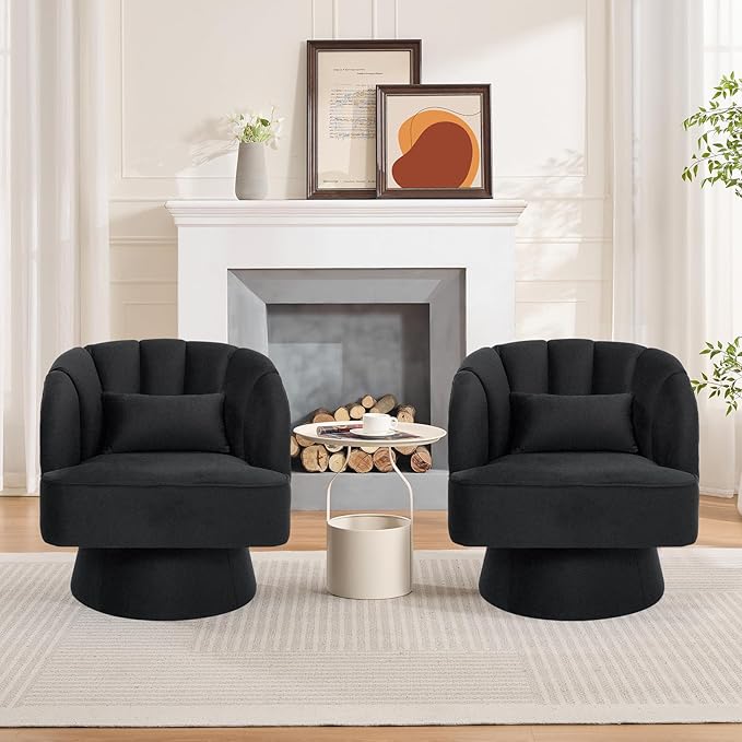 GarveeHome Modern Swivel Barrel Accent Chair, 360 Degree Velvet Upholstered Armchair with Striped Backrest & Plush Padding, Comfy Round Lounge Chair for Living Room, Bedroom, Reading Nook, Black 2 PCS