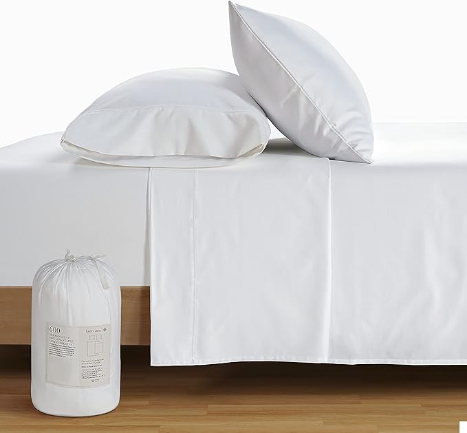 LANE LINEN 600 Thread Count 100% Cotton White Sheets Set Full Size, Fully Elasticized Cotton Hotel Style Thick Full Bedsheets, Soft Silky Sateen Weave for Luxurious Sleep, Machine Wash - White
