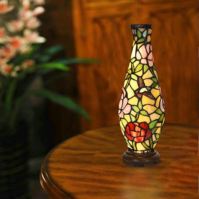 A0010 Tiffany Style Vase Table Lamp LED with 3 Lighting Modes and 10 Brightness Dimming, Handmade Stained Glass Accent Lamp for Bedside Livingroom Bedroom Home Decoration