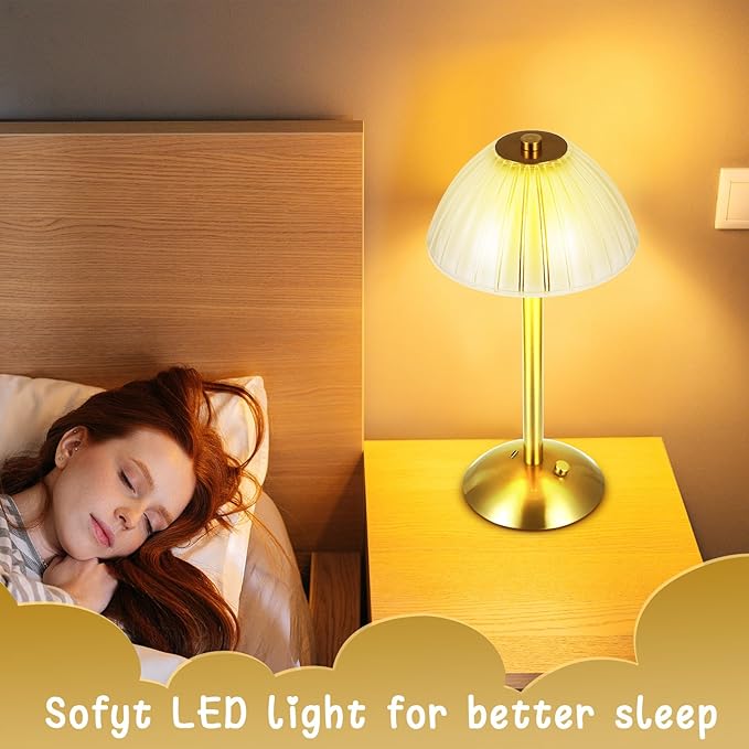 Liliful 8 Pcs Cordless Table Lamp Rechargeable Touch LED Small Gold Portable Battery Operated USB-c Desk Lamp 3 Color Dimmable for Bedroom Living Room Dining (Gold,Mushroom Style)