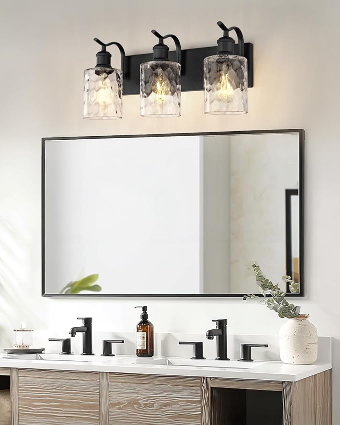 Bathroom Vanity Light Fixtures Over Mirror 3-Light Hammered Glass Wall Mounted Modern Black - VL01BKH-3