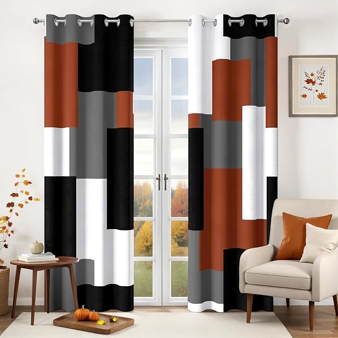 Burnt Orange 100% Blackout Curtains for Bedroom 63 inch Length 2 Panels Set Rust Modern Abstract Geometric Black Out Curtains Insulated Room Darkening Window Drapes for Living Room, 52Wx63L