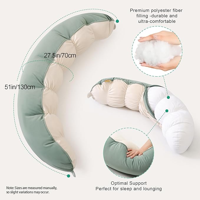Peallow(Pat. Pend) – Long Round Body Pillow for Adults, Bolster Pillow for Sleeping, Soft and Supportive Pillow for Sleeping & Lumbar Support (Green-White, 39")