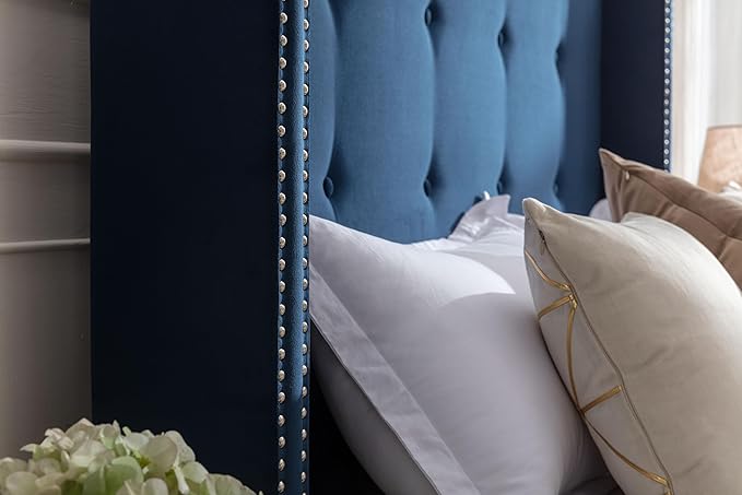 Queen Size Upholstered Bed Frame, 54" Tall Headboard Platform Bedframes with Nail Head Decorative Wingback, Hand Buttoned Tufting Headboard Beds/No Box Spring Needed/Minimalism, Blue Velvet