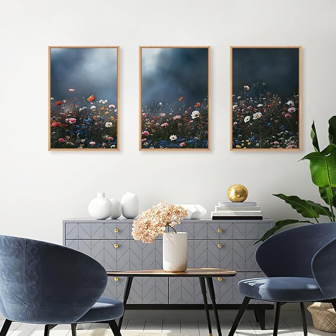 LHIUEM Large Nature Moody Floral Framed Canvas Wall Art,Abstract Dark Wall Decor,Wildflower Botanical Landscape Wall Painting,Picture Artwork for Living Room,Bedroom,Dining Room,Office -16"x24"x3