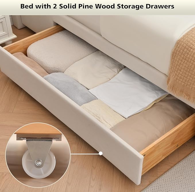VELOCAVA Full Size Upholstered Platform Bed Frame with Storage Drawers, Tall Headboard and Footboard, Modern Fabric Bed with Slatted Support, No Box Spring Needed, Space-Saving Design for Bedroom