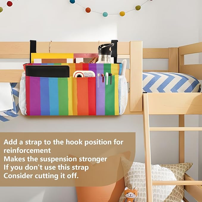 Bedside Caddy Hanging Bunk Bed Caddy Bed Organizer Hanging Pocket with 2 Hooks Bedside Storage Organizer Pocket Bag Holder Vibrant Colorful Stripes