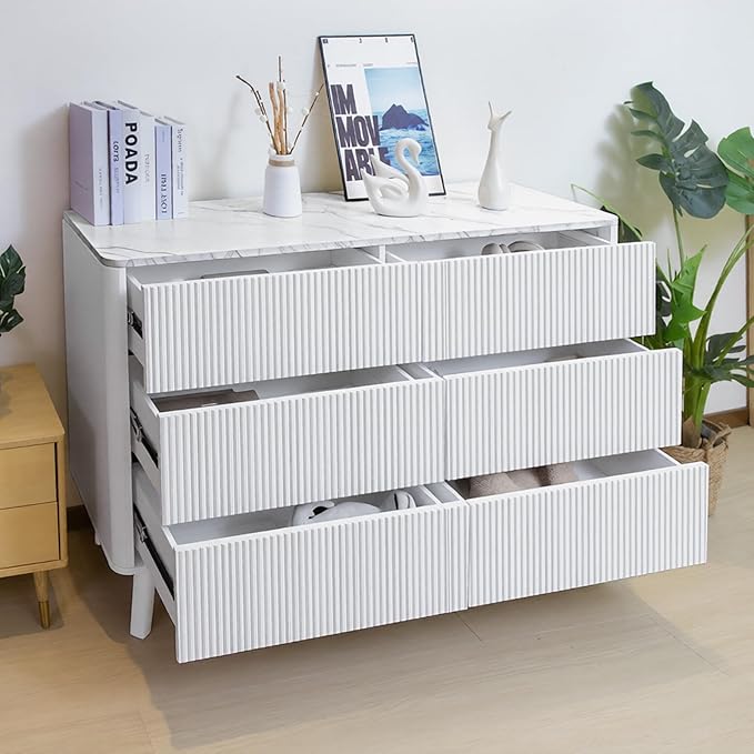 Fluted 6 Drawers Dresser for Bedroom,52" Wide Handleless Chest of Drawers with Faux Marble Top, Wooden Dresser TV Stand, Wood Drawer Organizer for Living Room, Hallway, White