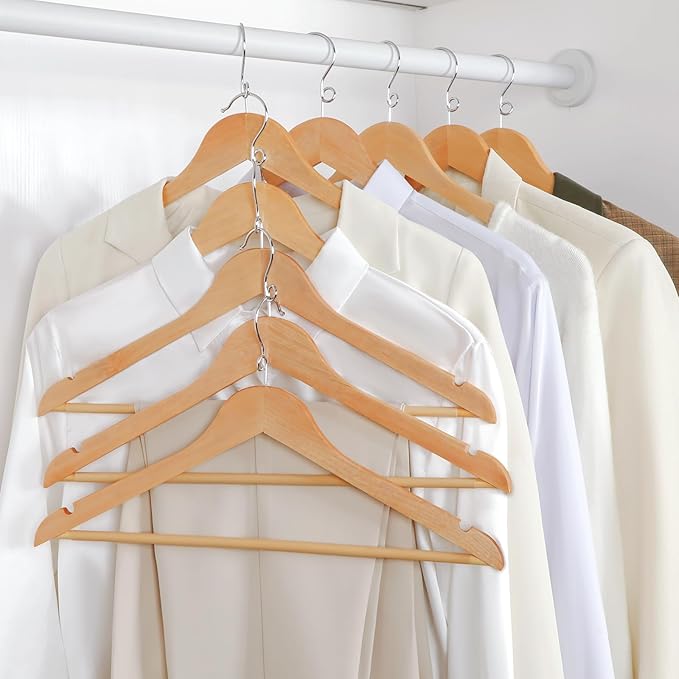 TOPIA HANGER Wooden Hangers 30 Pack, Space Saving Coat Hanger with 360° Swivel Cascading Ring Hook, Non Slip Pants Bar and Shoulder Notches for Camisole, Jacket, Suit, Clothes Hangers -CT62N30