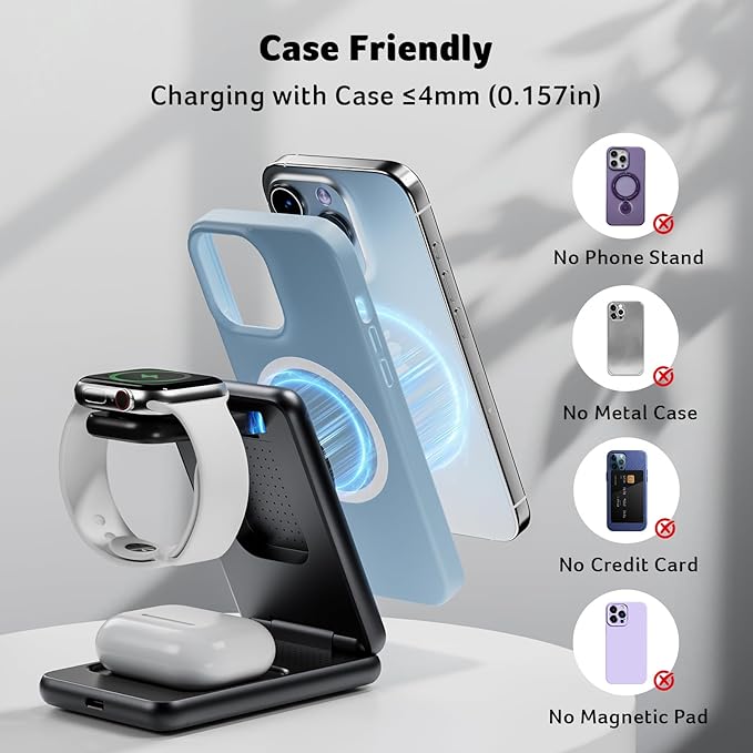 Acer 3 in 1 Charging Station for iPhone, Wireless Charger Stand,15W Fast MagSafe Charger for iPhone 17 16 15 14 13 12 Series-Apple Watch 10 9 8 7 6 5 4 3 2 SE and Ultra Series-Airpods 4 3 2 Pro Series