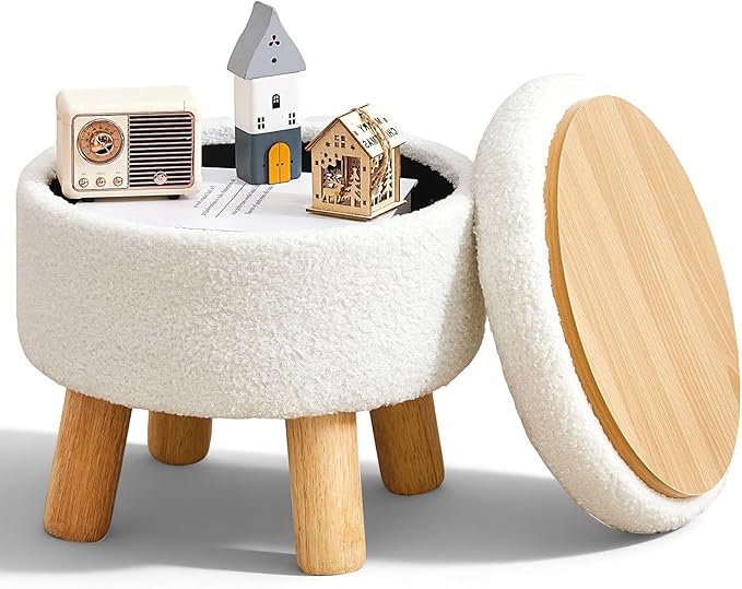 FIMIVIBI Small Ottoman with Storage, Small Storage Ottoman Round, Sherpa Foot Stool with Legs, Ottomans and Footstools for Living Room and Entryway (White)