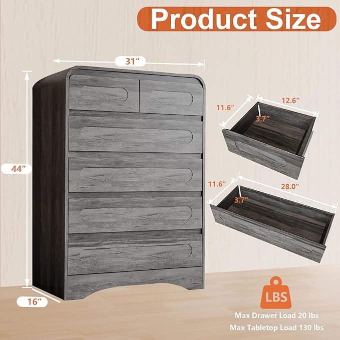 Grey Dresser for Bedroom with 6 Drawers, Tall Dressers & Chest of Drawers with Curved Profile Design, Modern Wood Closet Clothes Storage Dressers Organizer for Bedroom Living Room Hallway