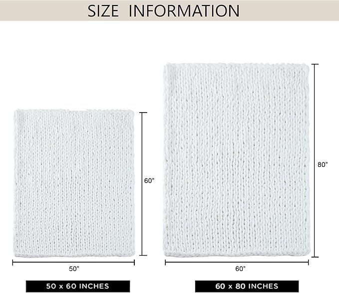 Chunky Knit Throw Blanket 60"X 80", 100% Handmade with Soft Chenille Yarn, 6.7lbs Thick Cable Knitted Blankets, Large Rope Knot Crochet Throws for Couch Sofa Bed Home Decor, Snow White