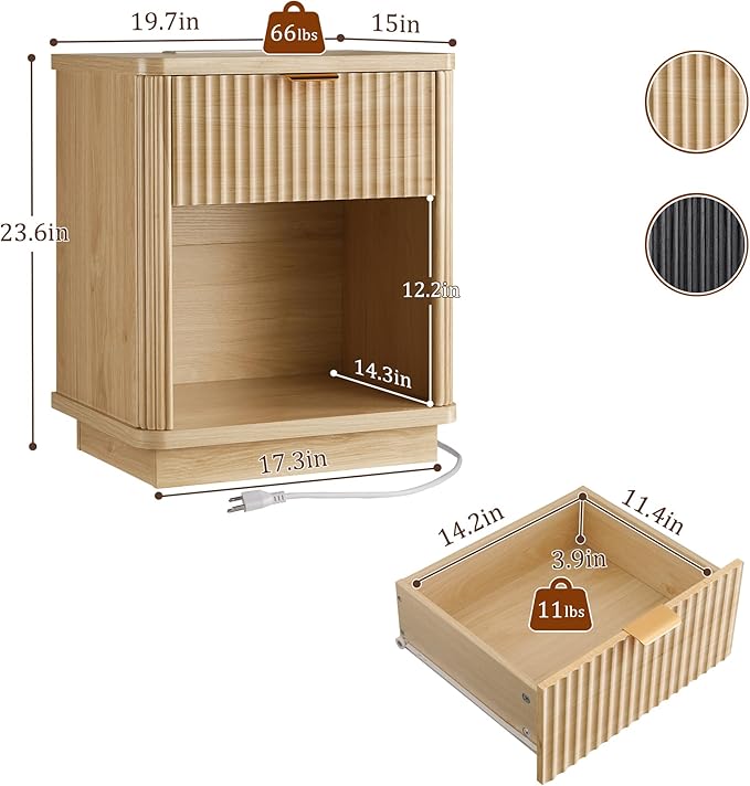 LYNCOHOME Fluted Nightstand with Charging Station, Bedside Table for Bedroom with 1 Drawer Storage, Night Stand for Bedroom，Natural