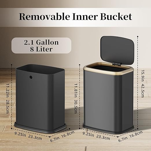 2.1 Gallon Bathroom Trash Can with Lid Press Top, 8 Liter Stainless Steel Garbage Can with Press Type Lid, Slim Trash Bin Waste Basket for Toilet, Office, Bedroom (Titanium Black)