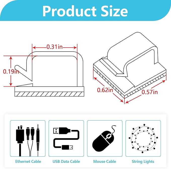 Abnii 100PCS Adhesive Cable Clips, Wire Holder Organizer Cord Management, Cable Staples Outdoor Strong Cord Clips for Wall, Desk, Christmas Lights, String Lights, TV PC Ethernet Cable, Black Small