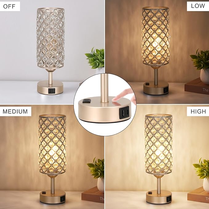 Touch Table Lamps for Bedrooms Set of 2-3 Way Dimmable Champagne Gold Crystal Lamps with Crystal Shade, Bedside Nightstand Lamp for Living Room Bedroom Home Office