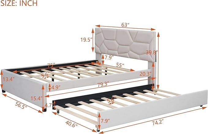 Full Size Upholstered Platform Bed with Twin Size Trundle, Headboard w/Brick Pattern, Wood Slat Support Included, for Boys Girls Kids Teens Adult,Beige
