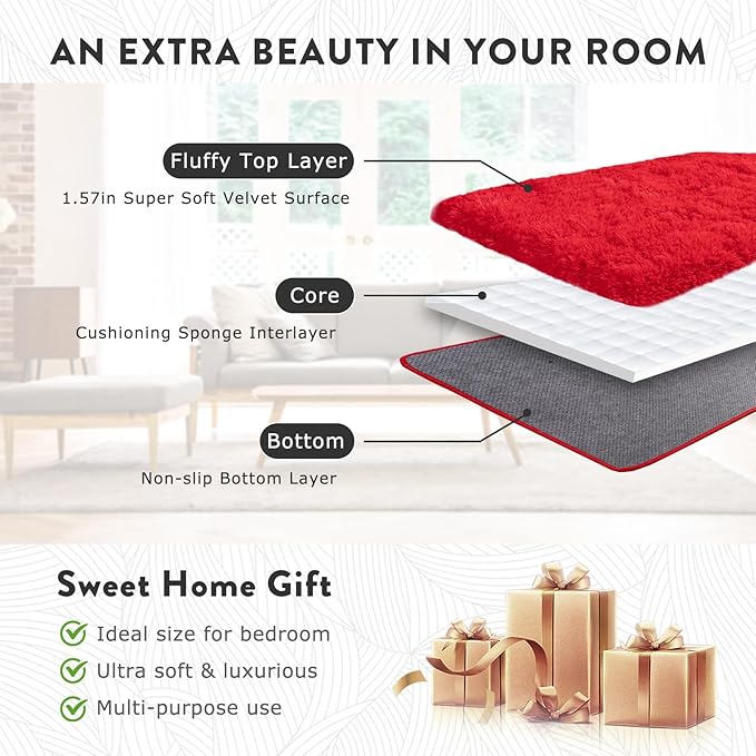 Red Rug 8x10 Carpet for Living Room, Soft Large Shag Rugs for Bedroom, Fluffy Fuzzy Modern Indoor Floor High Pile Area Rug for Kids Room Dorm Home Decor