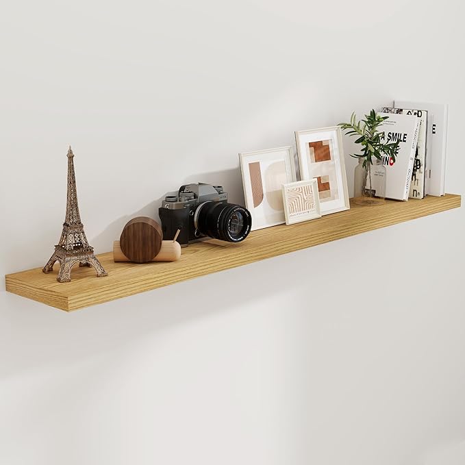Fun Memories 72 Inch Floating Shelves for Wall, 72x9.3 Large Floating Shelf for Bedroom, Kitchen, Bathroom, Wall Mounted Rustic Wood Shelves with Invisible Bracket for Books, Decor, Oak
