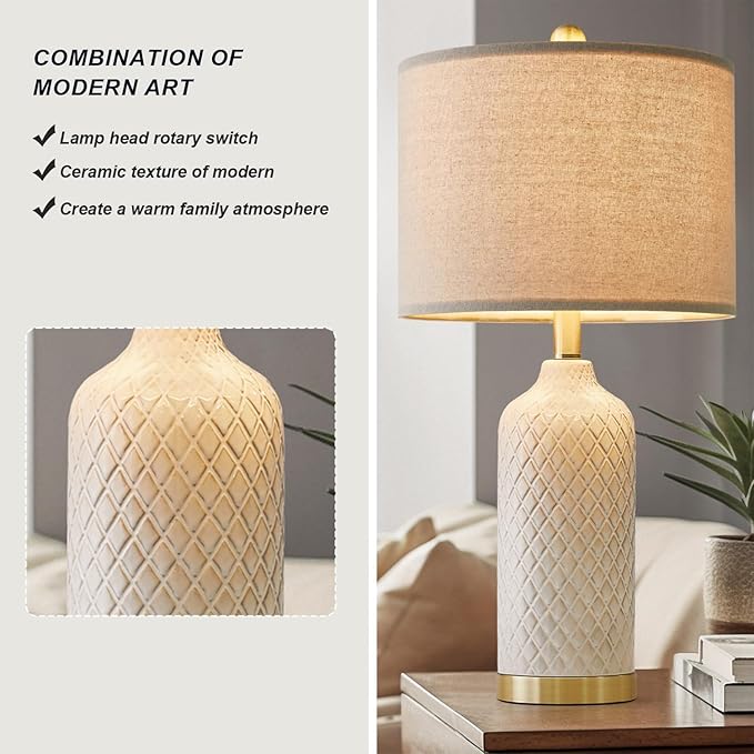 24.25" Table Lamps Set of 2 Modern Ceramic Lamps for Living Room Bedside Lamps Gold for Night Stands Boho Bedroom Lamp Farmhouse Side End Table Lamps