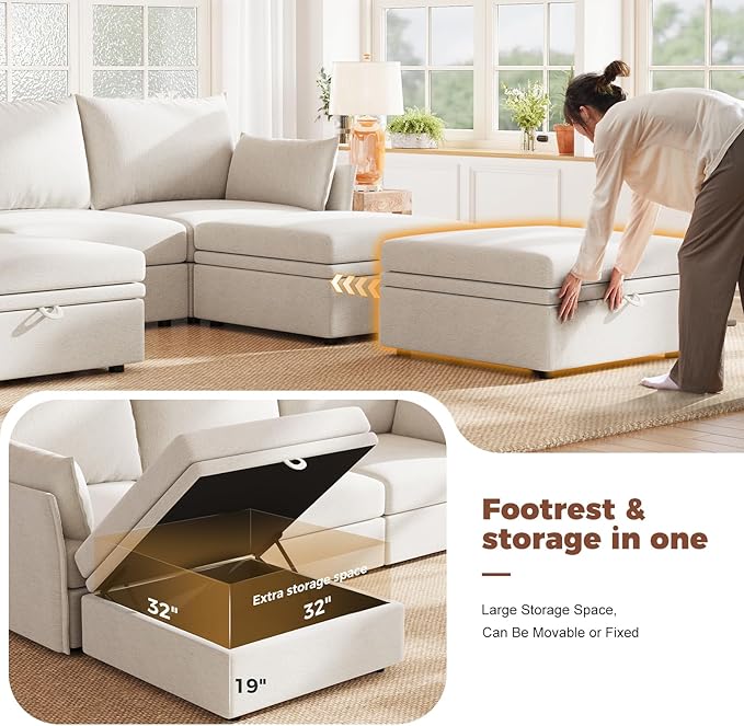 ABCASA 103.5" Oversized Modular Sectional Sofa, L Shaped Convertible Couch with Movable Ottoman, Large 6 Seat Corner Couches for Living Room Deep Seat- White Chenille