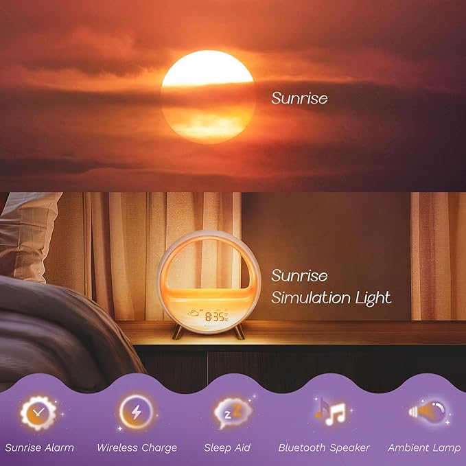 Dekala 5G Arches Gradual Sunrise Alarm Clock with Wireless Charging Loud Alarm Clock for Heavy Sleepers Sunset White Noise Sleep Sound Machine Bluetooth Speaker Night Light Touch/App/Button Control