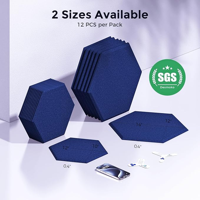 Self-Adhesive Acoustic Panels [390 lbs/yd³ Ultra-High Density], 2nd Generation Sound Absorbing Panel, Professional Level Sound Panel, Polyester Soundproof Foam [Size L, Dark Blue]