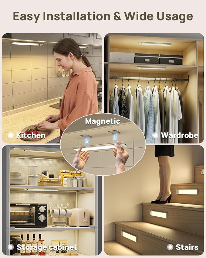 Under Cabinet Lighting with Remote Control,USB Rechargeable 180 Lumen Motion Sensor Light Indoor,Magnetic Wireless Under Counter Light,3 Color Dimmable Closet Lights for Kitchen, Pantry, Stair, 6 Pack