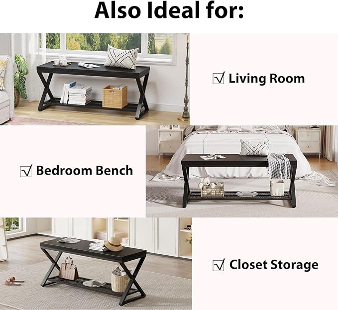 LVB Black Bench, Industrial Entryway Bench with Storage, Indoor Wood and Metal Storage Bench for Living Room Bedroom, Accent Shoe Rack Seating Bench for Hallway Foyer Entrance, Black Oak, 47 inch