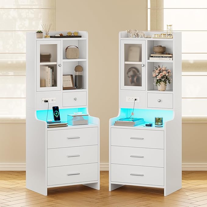 ADORNEVE White Nightstand Set of 2 with Charging Station,49.2" LED Night Stand for Bedroom,Tall Bedside Table with Bookshelf and Drawers,Side Tables Bedroom