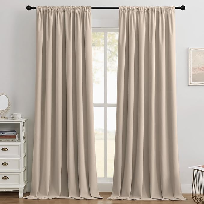 Joydeco Beige 100% Blackout Curtains 72 Inch 2 Panels, Luxury Thermal Beige Velvet Curtains for Bedroom Living Room, Soundproof Blackout Window Drapes, Rod Pocket & Back Tab (52W x 72L)