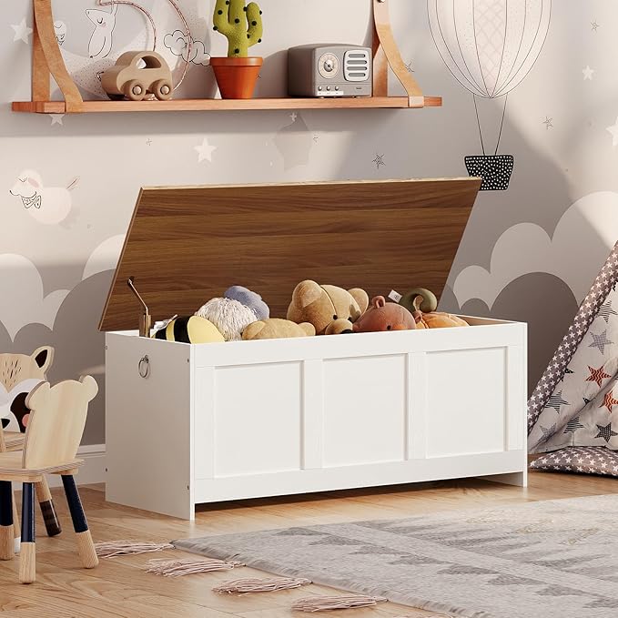 HOOBRO Storage Bench, 47.2" Retro Wooden Storage Chest, Wooden Storage Trunk, Toy Chest with Lift Top, Multifunctional Entryway Organizer, for Entryway, Living Room, White and Walnut WH412CW01