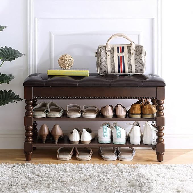 Shoe Storage Bench with Cushion, Entry Bench with Storage Solid Wood Shoe Bench Ideal for Entryway Living Room and Corridor (Walnut 31.5'')