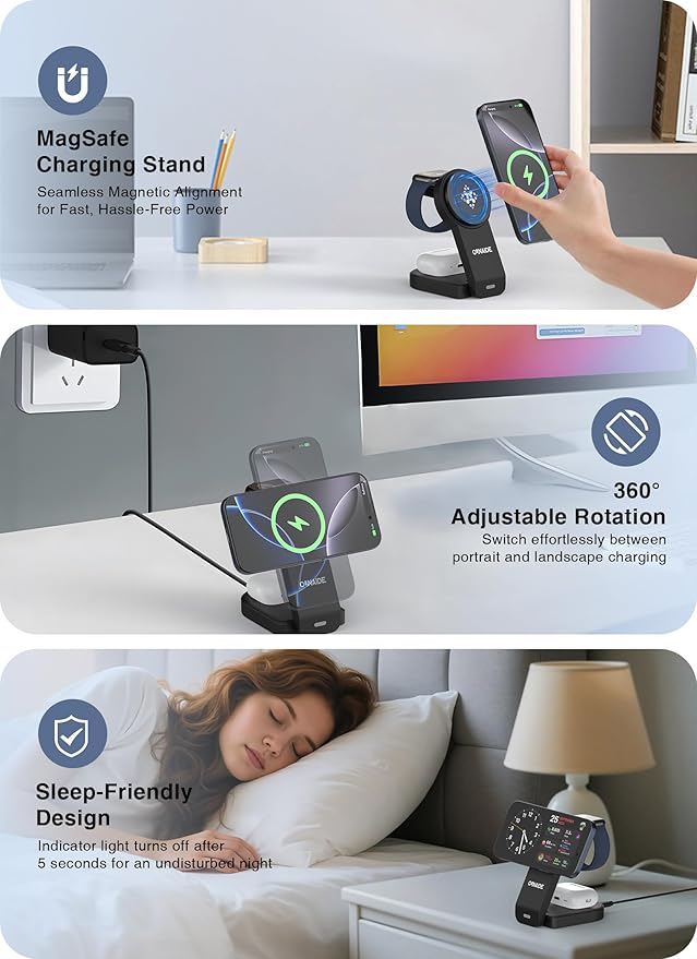 3-in-1 Charging Station for Apple MagSafe Charger, Foldable Wireless Charging Station Magnetic Charger Stand for iPhone 17 Air/16/15/14/13/12 Series/Apple Watch10-2/Airpods (Black)