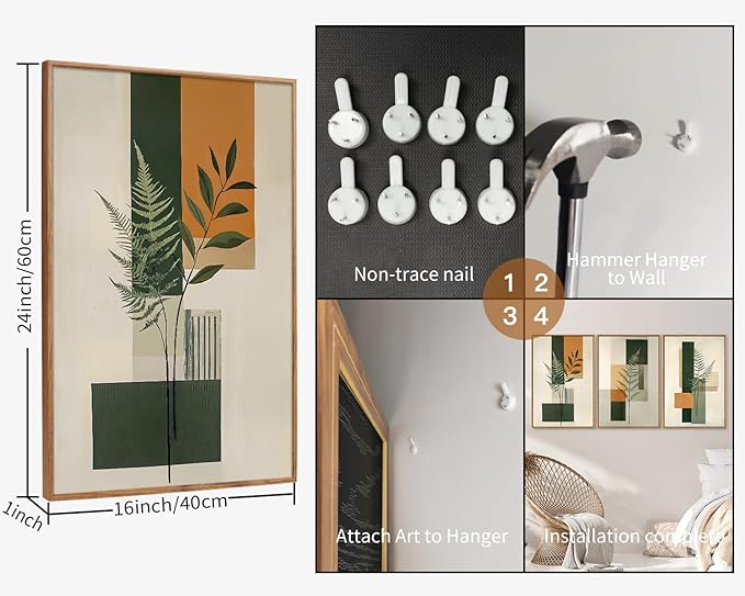 Yeehomedec Sage Green Fern Leaf Framed Canvas Wall Art, Boho Abstract Wall Decor, Rustic Neutral Modern Botanical Art Print, Beige Minimalist Plant Artwork for Living Room Bedroom Office Bathroom 16"x24"x3