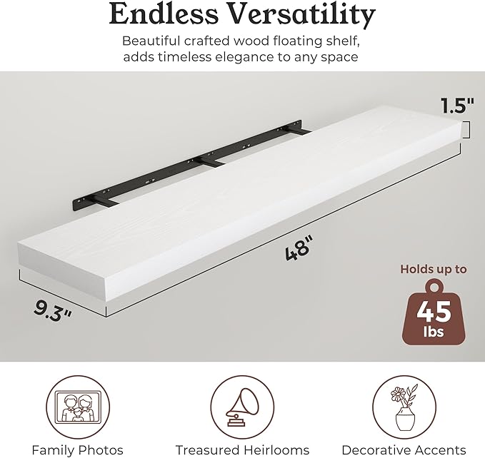 Floating Shelves for Wall, 9.3" Deep Wall Mounted Wood Shelves for Bathroom, Bedroom, Living Room, Kitchen, Hanging Shelf for Books/Storage/Room Decor (White 40")