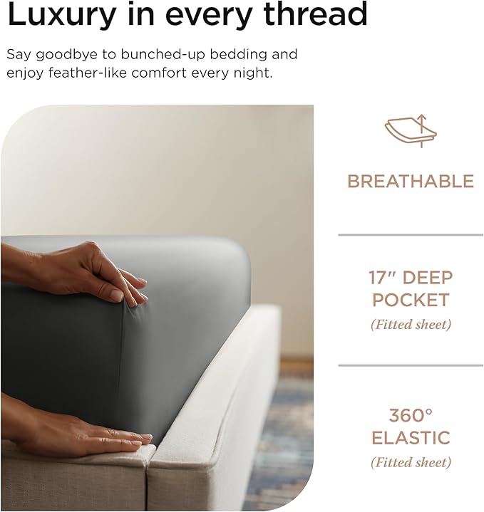 Threadmill 100% Supima Cotton Sheets, Luxury 1200 Thread Count Cotton Sheets for King Size Bed, 4 Pc Dark Grey King Bed Sheet Set, 5-Star Hotel Quality with Elasticized Deep Pocket King Sheet