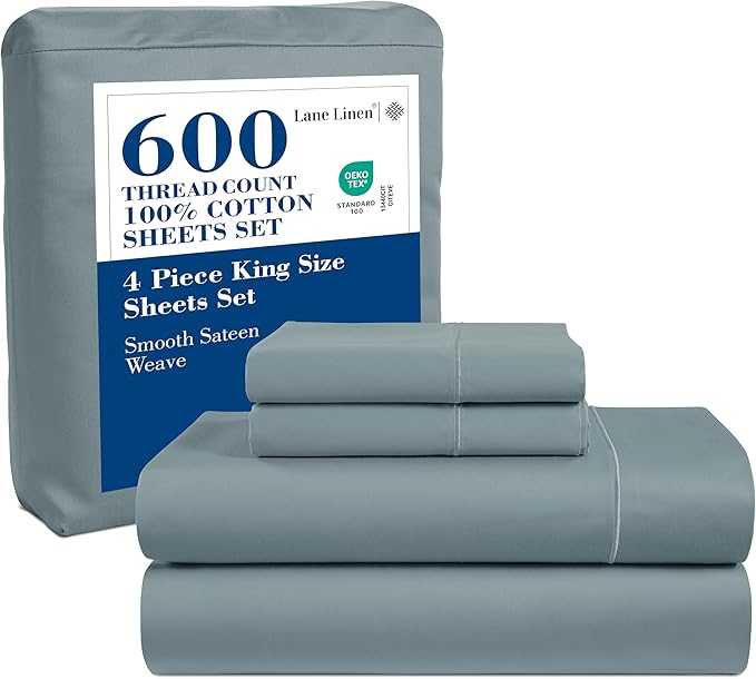 LANE LINEN King Bed Sheets – 600 Thread Count Long-Staple 100% Cotton King Size Bed Sheets, Hotel Luxury Soft Silky Sateen Weave, Durable for Daily Use, Fully Elasticized 15" Deep Pocket – Blue