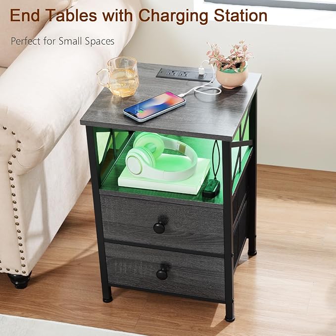 AMHANCIBLE Night Stand Set 2, LED Nightstand with Charging Station, End Tables Living Room with Fabric Drawers, Bed Side Table for Bedroom, Dark Grey HET052LDG